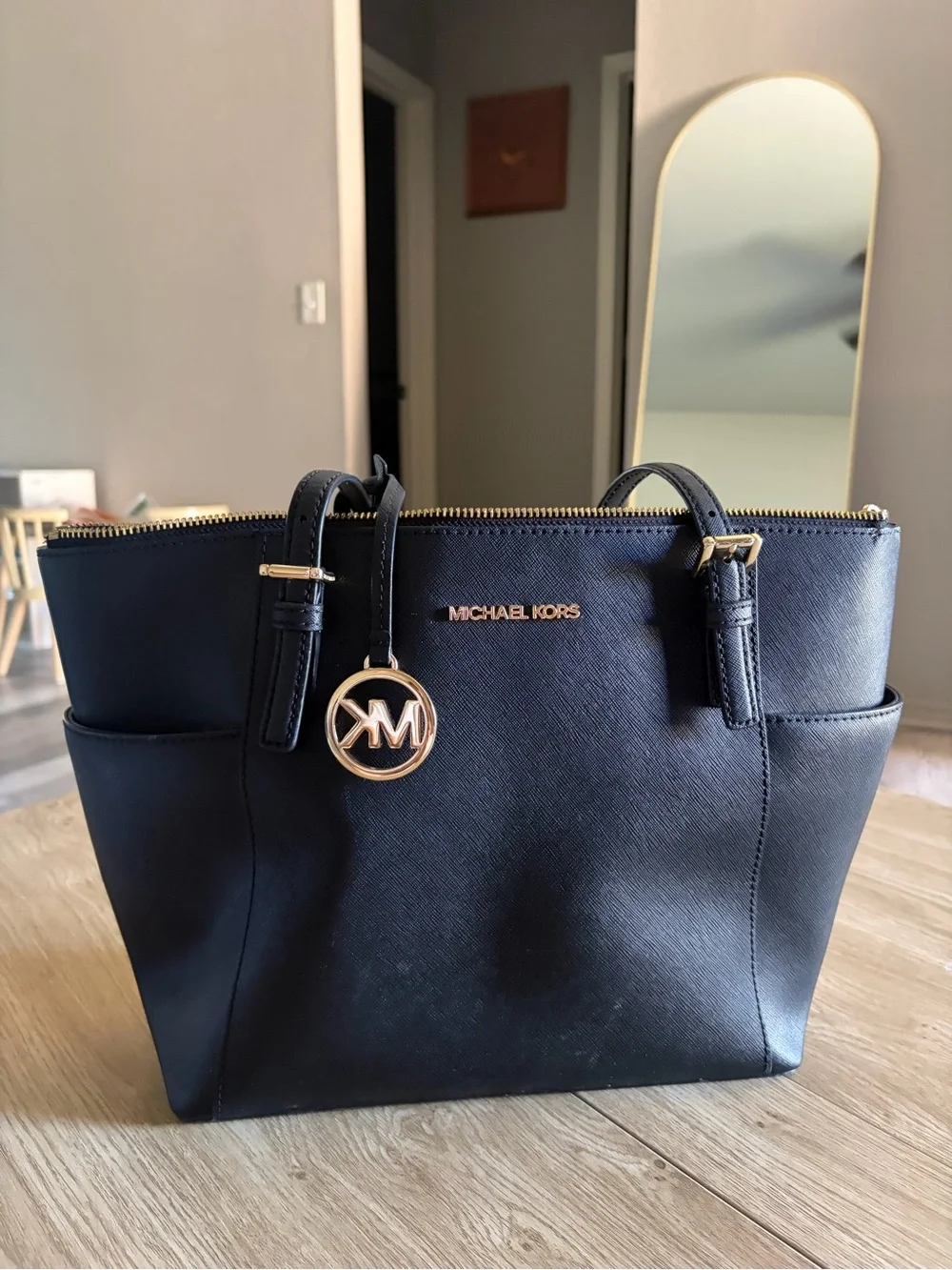 Michael Kors Navy Saffiano Leather Tote with Gold Accents
